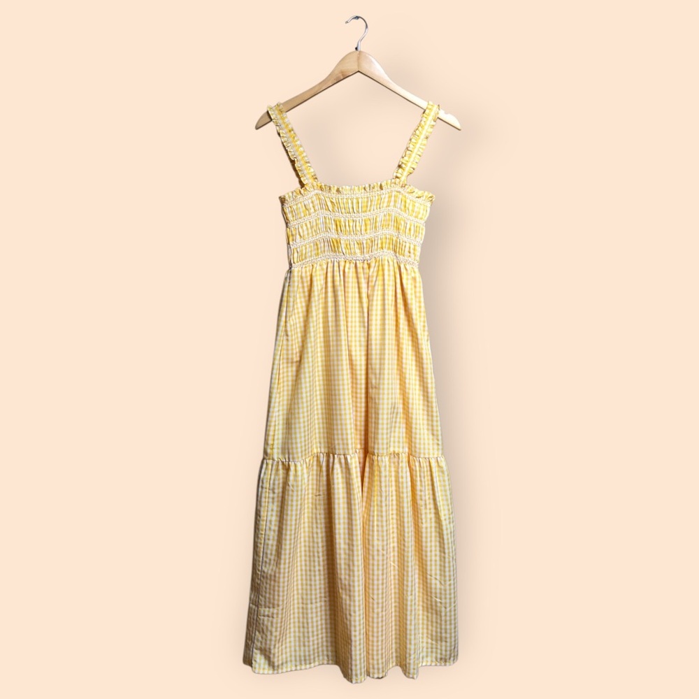 French Connection Ezeke Poplin MIDI Dress Yellow Gingham Smocked Summer Women 4